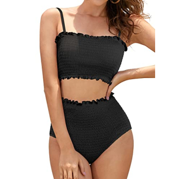 SHEKINI Women's Stylish Shirred Bandeau High Waist Two-Piece Swimsuit