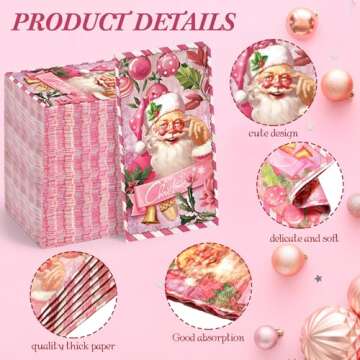 Gueevin 100 Pcs Christmas Paper Napkins Pink Christmas Napkins Christmas Disposable Napkins Santa Claus Napkins Merry Christmas Disposable Hand Towels for Bathroom Xmas Birthday Party Holiday Supplies