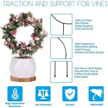 Legigo Black Metal Plant Trellis for Climbing Plants- Iron Trellis Plant Vine Stem Support Wire, Plants Climbing Holder Rack with 10 Plant Twist Tie for Potted Plants Flowers Indoor (4 Circle)