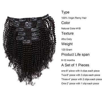 Anrosa Afro Kinky Coily Clip in Hair Extensions Thick Human Hair Extensions Natural Black Hair Color 1B Kinkys Curly Real Virgin Remy Hair 4A 4C Type for African American Black Women 14 Inch 120 Gram