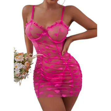 SOLY HUX Women's Sexy Heart Mesh See Through Lingerie Babydoll Sleepwear Sleeveless Ruffle Chemise N...