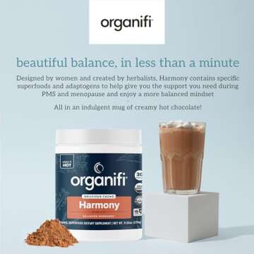 Organifi Harmony - Hormone Support - Eases PMS Symptoms - Energizes You - Regulates Menstrual Cycle - Best Served Hot - Gluten Free and Vegan Cacao Powder, 30 Servings