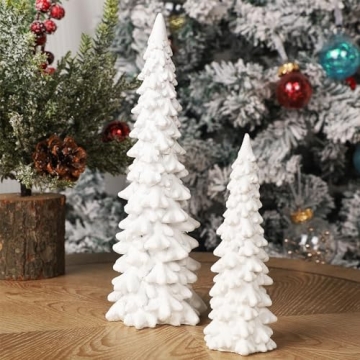 Juegoal Christmas Tree Table Decorations Set of 2, 9.5" White Glittered Xmas Pine Trees, Winter Snow...