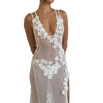 3D Floral Maxi Dresses for Women Sexy Low Cut Bodycon Split Long Dress Backless See Through Mesh Sheer Dress
