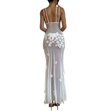 3D Floral Maxi Dresses for Women Sexy Low Cut Bodycon Split Long Dress Backless See Through Mesh Sheer Dress