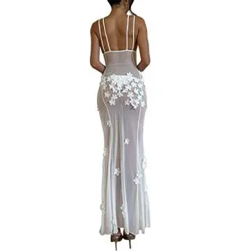 3D Floral Maxi Dresses for Women Sexy Low Cut Bodycon Split Long Dress Backless See Through Mesh Sheer Dress