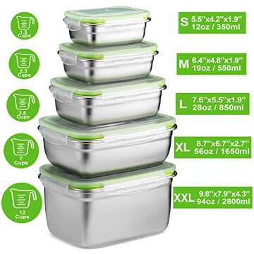 HOMEARRAY Stainless Steel Food Storage Containers | Leak Proof & Airtight Lids | Set of 5 Containers...