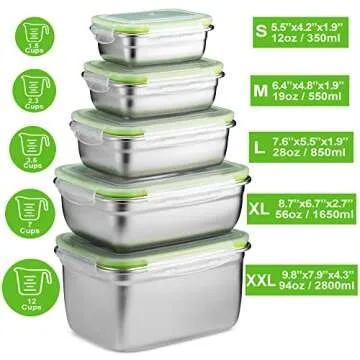 HOMEARRAY Stainless Steel Food Storage Containers | Leak Proof & Airtight Lids | Set of 5 Containers...