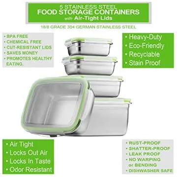 HOMEARRAY Stainless Steel Food Storage Containers | Leak Proof & Airtight Lids | Set of 5 Containers BPA Free that are Dishwasher & Freezer Safe