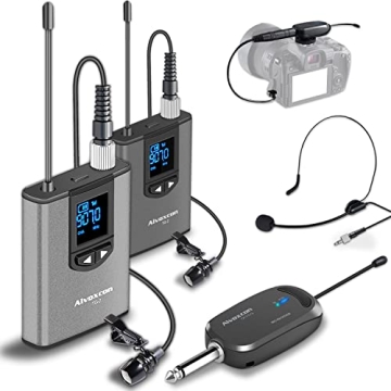 Alvoxcon UHF Dual Channel Wireless Lavalier Microphone System with Volume Control for iPhone, DSLR, ...
