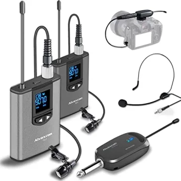Alvoxcon UHF Dual Channel Wireless Lavalier Microphone System with Volume Control for iPhone, DSLR, ...