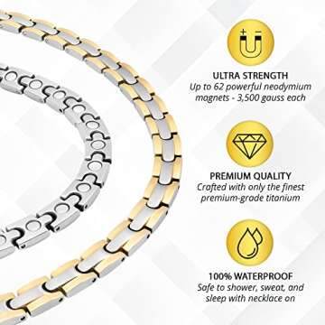 MagnetRX® Titanium Magnetic Necklace – Ultra Strength Magnetic Necklaces for women & men – Effective Titanium Necklace with 62 Magnets (Silver & Gold, 21.5 Inches)