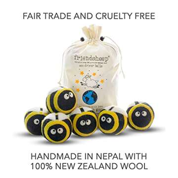 Friendsheep Wool Dryer Balls 6 Pack XL Organic Premium Reusable Cruelty Free Handmade Fair Trade No Lint Fabric Softener Honey Bee Bumblebee - Busy Bees