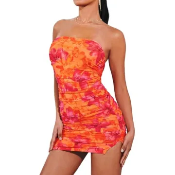 SOLY HUX Women's Floral Tube Dress Summer Strapless Bodycon Mini Dress Party Clubwear Orange Floral ...
