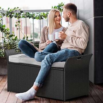 YITAHOME 90 Gallon Outdoor Wicker Storage Bench w/Cushion, Large PE Rattan Deck Storage Box w/Handle...