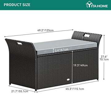 YITAHOME 90 Gallon Outdoor Wicker Storage Bench w/Cushion, Large PE Rattan Deck Storage Box w/Handles & Hydraulics for Patio Furniture, Cushions, Garden Tools, Pool & Sports Equipment, Black&Grey