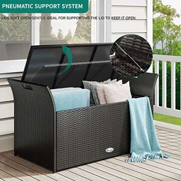 YITAHOME 90 Gallon Outdoor Wicker Storage Bench w/Cushion, Large PE Rattan Deck Storage Box w/Handles & Hydraulics for Patio Furniture, Cushions, Garden Tools, Pool & Sports Equipment, Black&Grey