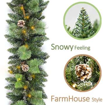 HomeKaren Christmas Garland Prelit 9 Ft with 50 LED Lights, Pine Cone and Snow Style Xmas Garland, B...