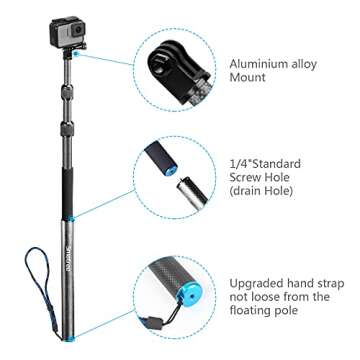 Smatree Carbon Fiber Detachable Extendable Floating Pole Selfie Stick Compatible for AKASO Brave 7 LE/G*Pro MAX/G*Pro 12/11/10/9/8/7/6/5/4/3 Plus/3/Session/G*Pro 2018/DJI OSMO Action 4/3/2 Camera