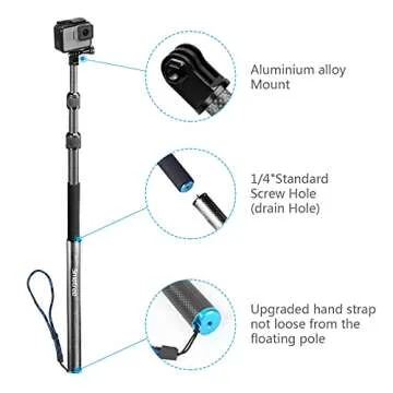 Smatree Carbon Fiber Detachable Extendable Floating Pole Selfie Stick Compatible for AKASO Brave 7 LE/G*Pro MAX/G*Pro 12/11/10/9/8/7/6/5/4/3 Plus/3/Session/G*Pro 2018/DJI OSMO Action 4/3/2 Camera