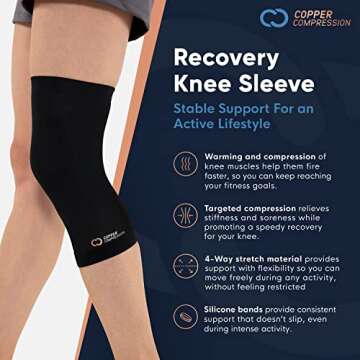Copper Compression Knee Sleeve - Copper Infused Knee Stabilizer Support Brace for Meniscus Tear, ACL, MCL, Arthritis, Joint Pain Relief, Running, Sports, Hiking - Men & Women - Fits Right/Left - L