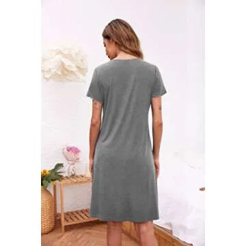 Ekouaer Women's Nightshirt Short Sleeve Button Down Nightgown V-Neck Sleepwear Pajama Dress Grey