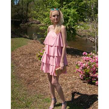 Okiwam Women's Casual Boho Summer Pink Ruffle Dress