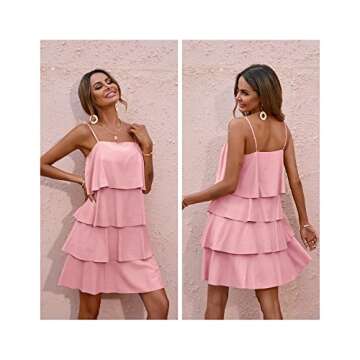 Okiwam Women's Casual Boho Summer Pink Ruffle Dress