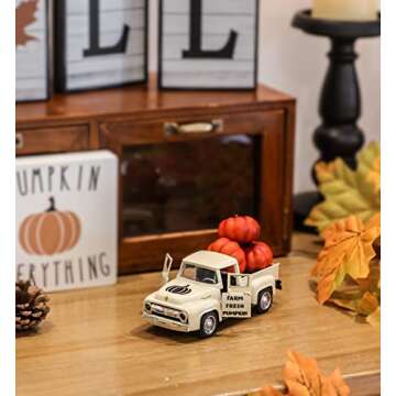 NEWLIGHTURE Fall Pumpkin Truck Decor Mini Harvest Metal Farm Truck with 3 Pumpkins | Vintage Diecast Model for Tiered Tray Home Décor 4.8 inches