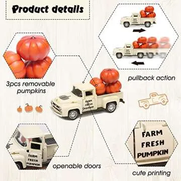 NEWLIGHTURE Fall Pumpkin Truck Decor Mini Harvest Metal Farm Truck with 3 Pumpkins | Vintage Diecast Model for Tiered Tray Home Décor 4.8 inches
