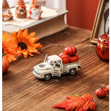 NEWLIGHTURE Fall Pumpkin Truck Decor Mini Harvest Metal Farm Truck with 3 Pumpkins | Vintage Diecast Model for Tiered Tray Home Décor 4.8 inches