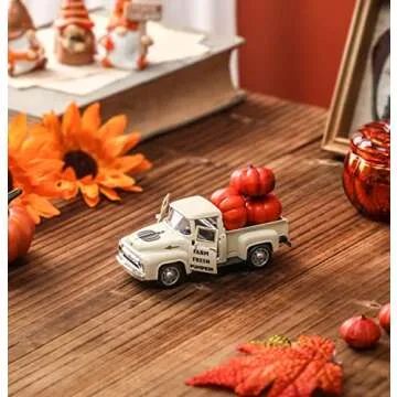 NEWLIGHTURE Fall Pumpkin Truck Decor Mini Harvest Metal Farm Truck with 3 Pumpkins | Vintage Diecast Model for Tiered Tray Home Décor 4.8 inches