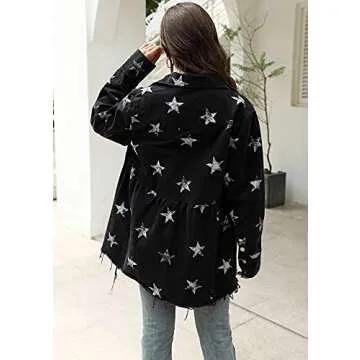 Chouyatou Women's Casual Frayed Raw Hem Star Print Denim Jacket (Black)