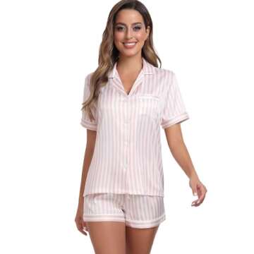 Serenedelicacy Women's Satin Pajama Set 2-Piece Sleepwear Loungewear Button Down Short Sleeve Silky PJ Set (Small, Light Pink/Ivory, Stripe)