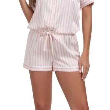 Serenedelicacy Women's Satin Pajama Set 2-Piece Sleepwear Loungewear Button Down Short Sleeve Silky PJ Set (Small, Light Pink/Ivory, Stripe)