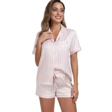 Serenedelicacy Women's Satin Pajama Set 2-Piece Sleepwear Loungewear Button Down Short Sleeve Silky PJ Set (Small, Light Pink/Ivory, Stripe)
