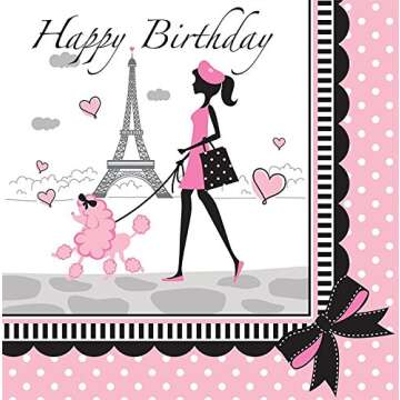 Party in Paris Happy Birthday Lunch Napkins & Dinner Plates Party Kit for 8