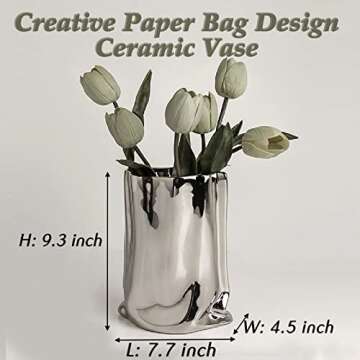 BLOFLO Silver Ceramic Modern Vase - Unique Paper Bag Design for Chic Floral Arrangements