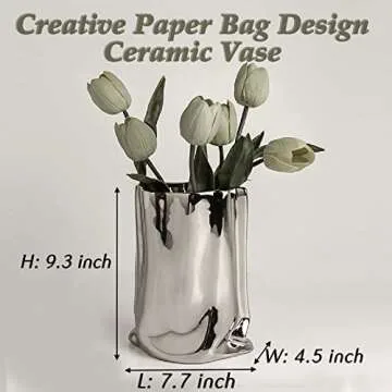 BLOFLO Silver Ceramic Modern Vase - Unique Paper Bag Design for Chic Floral Arrangements