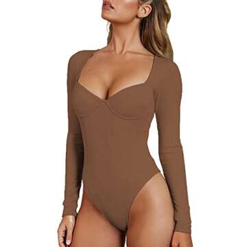 Doklens Womens V Neck Bodysuit Long Sleeve Ribbed Bodysuit Leotard Jumpsuit Tops Khaki