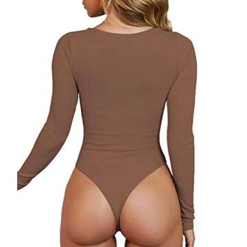 Doklens Womens V Neck Bodysuit Long Sleeve Ribbed Bodysuit Leotard Jumpsuit Tops Khaki
