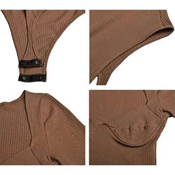 Doklens Womens V Neck Bodysuit Long Sleeve Ribbed Bodysuit Leotard Jumpsuit Tops Khaki