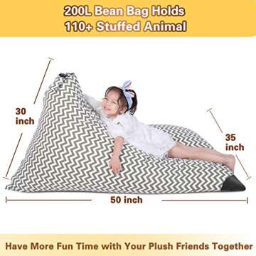Stuffed Animal Bean Bag Storage for Kids and Adults. Premium Canvas Bean Bag Chair Cover - COVER ONLY(Chevron Print Grey 200 L/52 Gal)