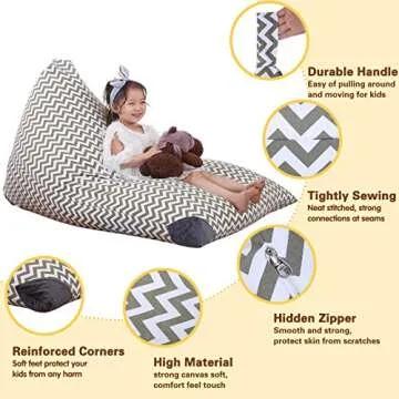 Stuffed Animal Bean Bag Storage for Kids and Adults. Premium Canvas Bean Bag Chair Cover - COVER ONLY(Chevron Print Grey 200 L/52 Gal)