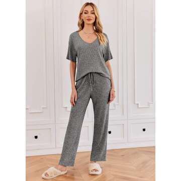 Ekouaer Lounge Sets for Women Ribbed Pajama Set Short Sleeve Top and Long Pants Set with Pockets Sle...