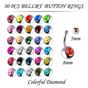OMAIGAR Belly Button Rings 30 Pieces - Colorful Surgical Steel Jewelry for Women
