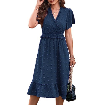 BTFBM Women's Summer Elegant Short Sleeve V Neck Swiss Dot Midi Dresses Cute Boho High Waist Long Dr...
