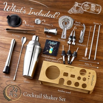 HomeCurated Cocktail Shaker Set, 24-Piece Bar Bartender Kit with Stand, Martini Shaker, Jigger, Stra...