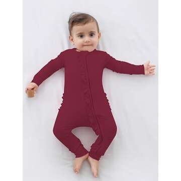 GUISBY Baby Girl Pajamas, Comfy Rayon Long Sleeve with Double Zipper Sleepers Maroon 0-3 Months