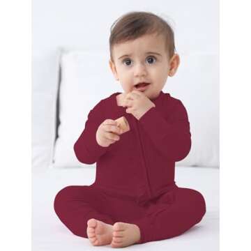 GUISBY Baby Girl Pajamas, Comfy Rayon Long Sleeve with Double Zipper Sleepers Maroon 0-3 Months